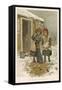 Two Girls, Sent Out into the Yard to Sweep Up Snow, Watch Robins as They Forage for Food-null-Framed Stretched Canvas