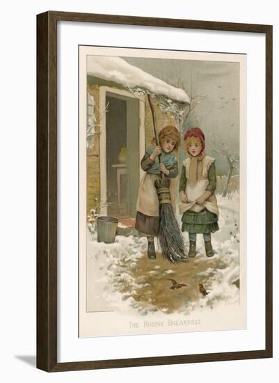 Two Girls, Sent Out into the Yard to Sweep Up Snow, Watch Robins as They Forage for Food-null-Framed Art Print