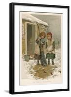 Two Girls, Sent Out into the Yard to Sweep Up Snow, Watch Robins as They Forage for Food-null-Framed Art Print