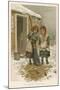 Two Girls, Sent Out into the Yard to Sweep Up Snow, Watch Robins as They Forage for Food-null-Mounted Art Print