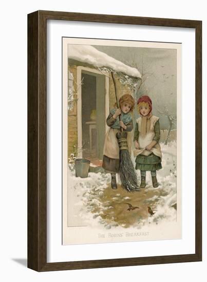 Two Girls, Sent Out into the Yard to Sweep Up Snow, Watch Robins as They Forage for Food-null-Framed Art Print