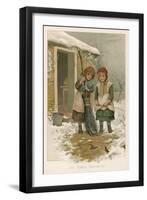 Two Girls, Sent Out into the Yard to Sweep Up Snow, Watch Robins as They Forage for Food-null-Framed Art Print