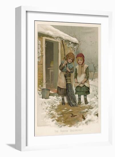 Two Girls, Sent Out into the Yard to Sweep Up Snow, Watch Robins as They Forage for Food-null-Framed Art Print