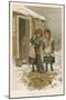 Two Girls, Sent Out into the Yard to Sweep Up Snow, Watch Robins as They Forage for Food-null-Mounted Art Print