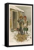 Two Girls, Sent Out into the Yard to Sweep Up Snow, Watch Robins as They Forage for Food-null-Framed Stretched Canvas