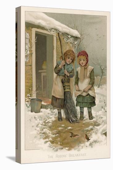Two Girls, Sent Out into the Yard to Sweep Up Snow, Watch Robins as They Forage for Food-null-Stretched Canvas