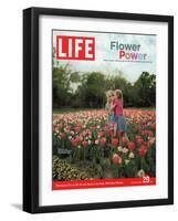 Two Girls Sharing a Secret Standing in Tulip Beds at a Dallas Flower Show, April 29, 2005-Greg Miller-Framed Photographic Print
