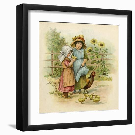 Two Girls with their Chickens-null-Framed Art Print