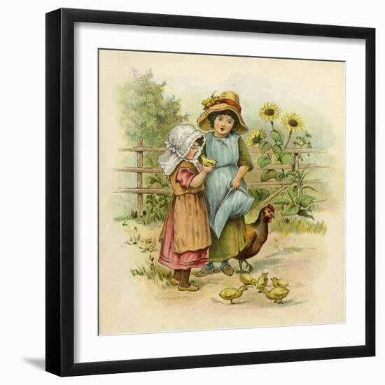 Two Girls with their Chickens-null-Framed Art Print