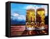 Two Glasses of Beer with Mountains-Markus Bleichner-Framed Stretched Canvas