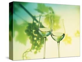 Two Glasses of White Wine; Green Grape Backdrop-Bodo A^ Schieren-Stretched Canvas