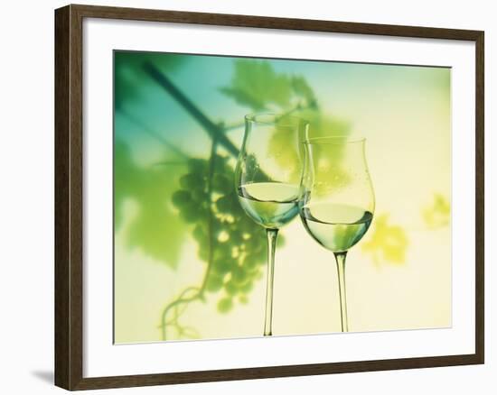 Two Glasses of White Wine; Green Grape Backdrop-Bodo A^ Schieren-Framed Photographic Print