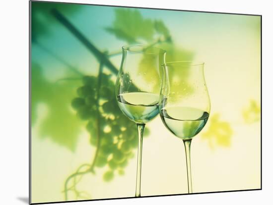 Two Glasses of White Wine; Green Grape Backdrop-Bodo A^ Schieren-Mounted Photographic Print