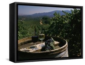 Two Glasses of Wine on Barrel at Kunde Estates Winery, Sonoma Valley, Sonoma County, California-null-Framed Stretched Canvas