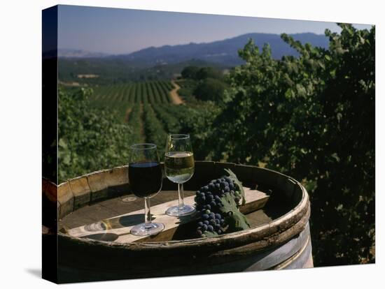 Two Glasses of Wine on Barrel at Kunde Estates Winery, Sonoma Valley, Sonoma County, California-null-Stretched Canvas