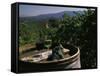 Two Glasses of Wine on Barrel at Kunde Estates Winery, Sonoma Valley, Sonoma County, California-null-Framed Stretched Canvas