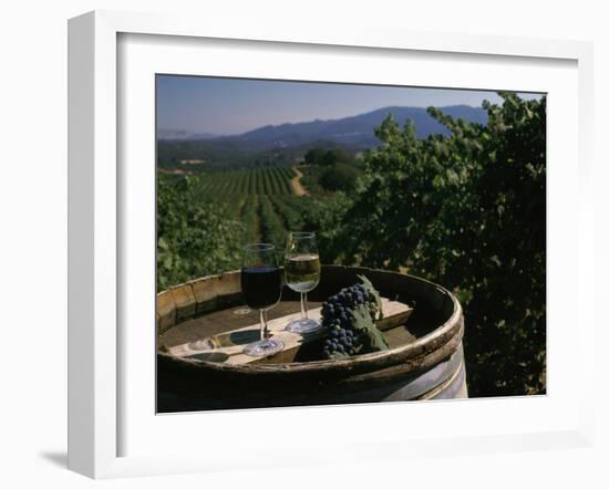 Two Glasses of Wine on Barrel at Kunde Estates Winery, Sonoma Valley, Sonoma County, California-null-Framed Photographic Print