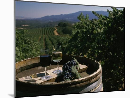 Two Glasses of Wine on Barrel at Kunde Estates Winery, Sonoma Valley, Sonoma County, California-null-Mounted Photographic Print