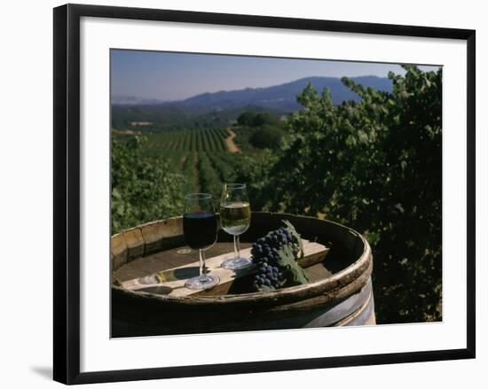 Two Glasses of Wine on Barrel at Kunde Estates Winery, Sonoma Valley, Sonoma County, California-null-Framed Photographic Print