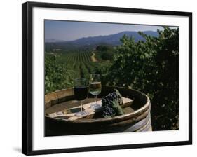 Two Glasses of Wine on Barrel at Kunde Estates Winery, Sonoma Valley, Sonoma County, California-null-Framed Photographic Print