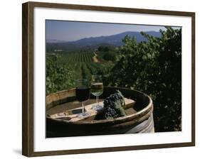 Two Glasses of Wine on Barrel at Kunde Estates Winery, Sonoma Valley, Sonoma County, California-null-Framed Photographic Print