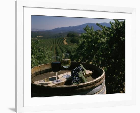 Two Glasses of Wine on Barrel at Kunde Estates Winery, Sonoma Valley, Sonoma County, California-null-Framed Photographic Print