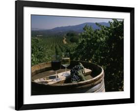 Two Glasses of Wine on Barrel at Kunde Estates Winery, Sonoma Valley, Sonoma County, California-null-Framed Photographic Print