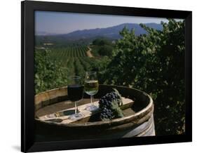 Two Glasses of Wine on Barrel at Kunde Estates Winery, Sonoma Valley, Sonoma County, California-null-Framed Photographic Print