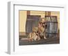 Two Golden Retrievers Next to Two Wooden Barrels on a Wooden Deck-Zandria Muench Beraldo-Framed Photographic Print