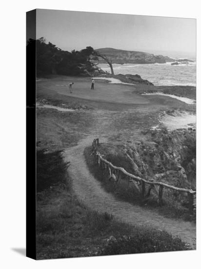 Two Golfers Playing on a Putting Green at Pebble Beach Golf Course-Nina Leen-Stretched Canvas