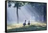 Two Grey Geese Run Though the Early Morning Mists of Ibirapuera Park-Alex Saberi-Framed Stretched Canvas