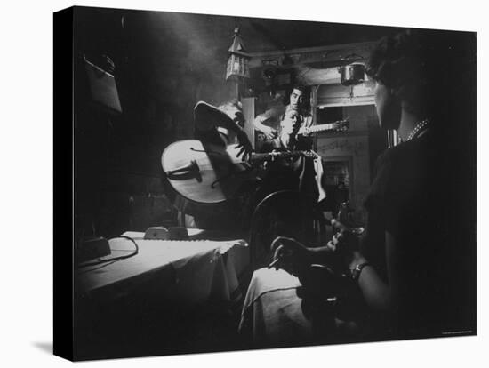 Two Guitarists and Vocalist Entertaining at Club Chez Genevieve-Gjon Mili-Stretched Canvas