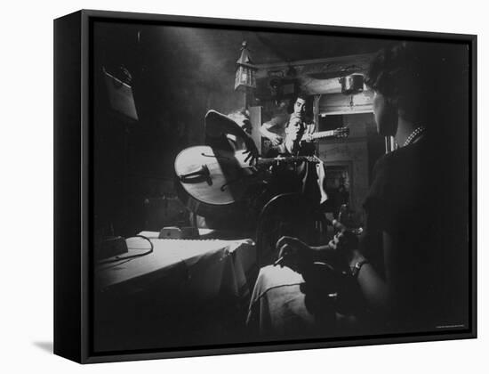 Two Guitarists and Vocalist Entertaining at Club Chez Genevieve-Gjon Mili-Framed Stretched Canvas