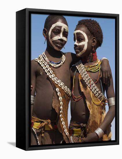 Two Hamer Girls Wearing Traditional Goat Skin Dress Decorated with Cowie Shells, Turmi, Ethiopia-Jane Sweeney-Framed Stretched Canvas
