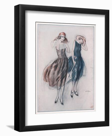 Two Happy Flappers Wear Soft Wide Brimmed Hats and Gathered Skirts That Catch the Breeze-Wilton Williams-Framed Art Print