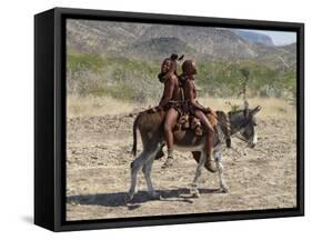Two Happy Himba Girls Ride a Donkey to Market, Namibia-Nigel Pavitt-Framed Stretched Canvas