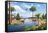 Two Herrerasaurus Dinosaurs Chasing a Silesaurus Down a Stream-null-Framed Stretched Canvas