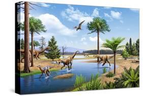 Two Herrerasaurus Dinosaurs Chasing a Silesaurus Down a Stream-null-Stretched Canvas
