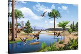 Two Herrerasaurus Dinosaurs Chasing a Silesaurus Down a Stream-null-Stretched Canvas