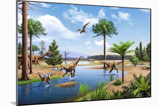 Two Herrerasaurus Dinosaurs Chasing a Silesaurus Down a Stream-null-Mounted Premium Giclee Print