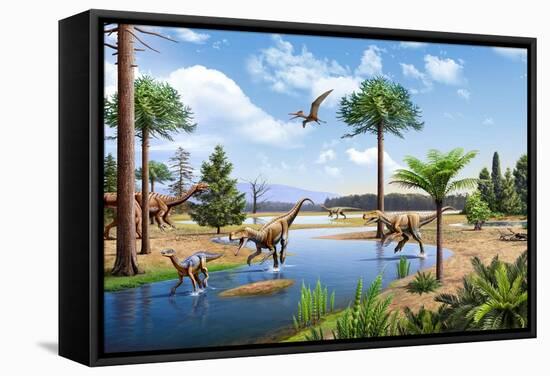 Two Herrerasaurus Dinosaurs Chasing a Silesaurus Down a Stream-null-Framed Stretched Canvas