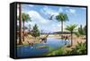 Two Herrerasaurus Dinosaurs Chasing a Silesaurus Down a Stream-null-Framed Stretched Canvas