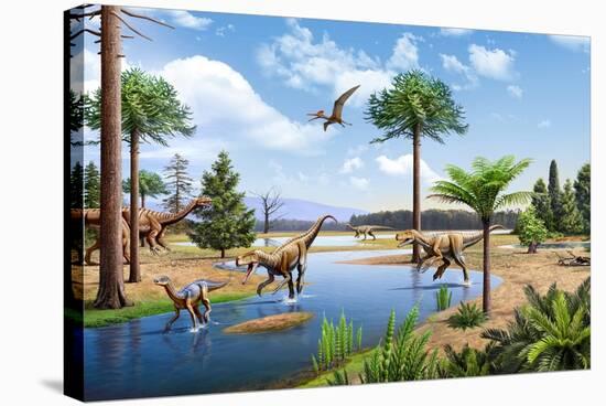 Two Herrerasaurus Dinosaurs Chasing a Silesaurus Down a Stream-null-Stretched Canvas