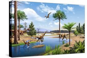 Two Herrerasaurus Dinosaurs Chasing a Silesaurus Down a Stream-null-Stretched Canvas