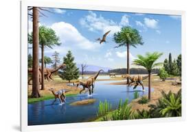 Two Herrerasaurus Dinosaurs Chasing a Silesaurus Down a Stream-null-Framed Art Print