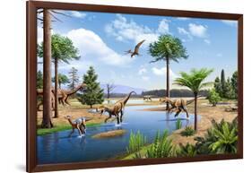 Two Herrerasaurus Dinosaurs Chasing a Silesaurus Down a Stream-null-Framed Art Print