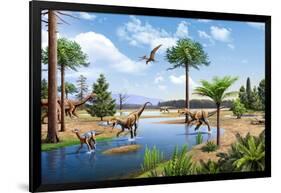 Two Herrerasaurus Dinosaurs Chasing a Silesaurus Down a Stream-null-Framed Art Print