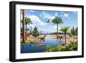 Two Herrerasaurus Dinosaurs Chasing a Silesaurus Down a Stream-null-Framed Art Print