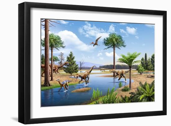 Two Herrerasaurus Dinosaurs Chasing a Silesaurus Down a Stream-null-Framed Art Print