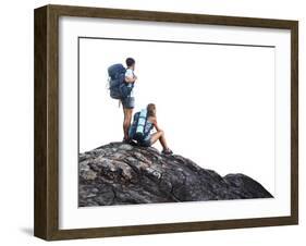 Two Hikers with Backpacks on Top of a Mountain Isolated on a White-Dudarev Mikhail-Framed Photographic Print